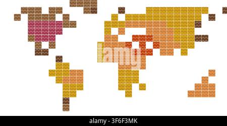 récolte d'automne chaude, carte du monde en mosaïque de blocs de pixels audacieux dans des tons orange brûlés, disposés selon un motif géométrique en grille pour une conception d'affiche de décoration murale Illustration de Vecteur