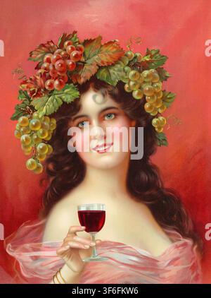 Affiche publicitaire, publicité pour boissons, lithographie datant d'environ 1900, représentant une femme avec une couronne de raisins et un verre de vin rouge, représentation allégorique d'une jeune femme en déesse du vin ou déesse de l'automne, reproduction authentique d'une affiche publicitaire historique, panneau publicitaire, en haute résolution Banque D'Images
