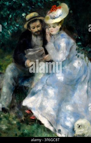 Les Confidences (La Tonnelle) de Pierre-Auguste Renoir (c. 1875) dépeint un couple élégamment vêtu partageant un moment tranquille en lisant ensemble sous Banque D'Images