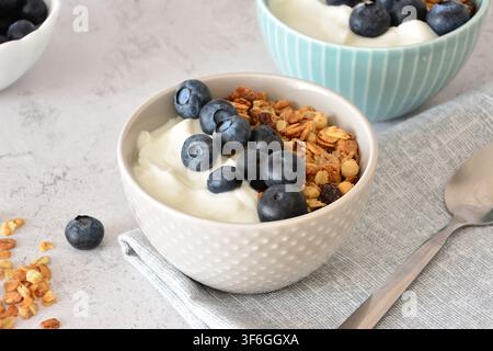 Bol de yaourt aux myrtilles et granola dans des bols gris et bleus, gros plan Banque D'Images