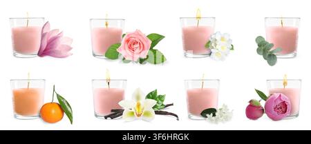 Bougies aux parfums variés sur fond blanc, set Banque D'Images