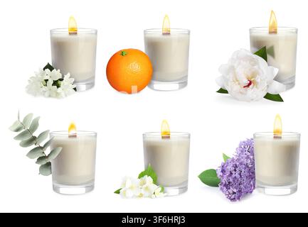 Bougies aux parfums variés sur fond blanc, set Banque D'Images