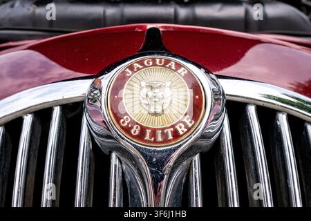 Logo Jaguar sur le devant d'une vieille Jaguar Mk2 3.8 Saloon Banque D'Images
