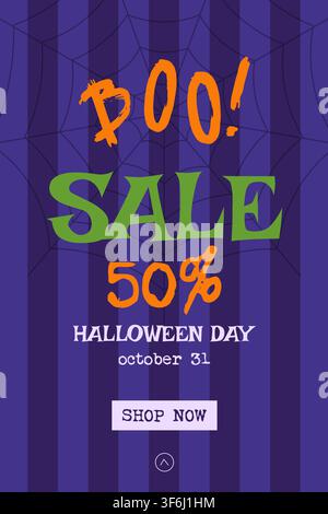Bannière de promotion Halloween avec le texte Boo et une offre de réduction de 50 pour cent. Design festif saisonnier avec toile d'araignée sur un fond rayé violet. Illustration de Vecteur