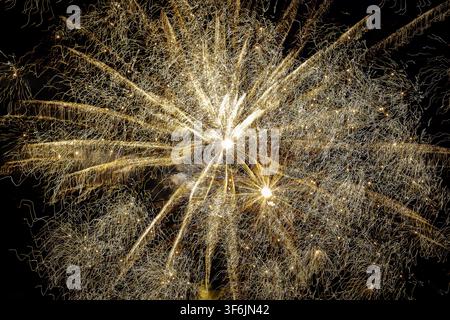 Un spectacle de feux d'artifice dorés dramatique et dense avec des éclats centraux lumineux, des stries dorées radiales et un réseau complexe de lumière ondulante étincelante Banque D'Images