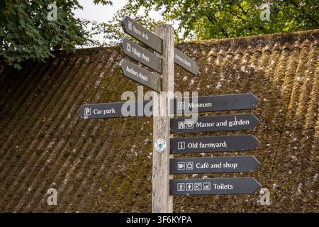 Panneau en bois avec plusieurs panneaux directionnels pointant vers le musée, le manoir, le café, les toilettes et le parking, sur un fond de toit moussu à Avebury, Wiltshire Banque D'Images