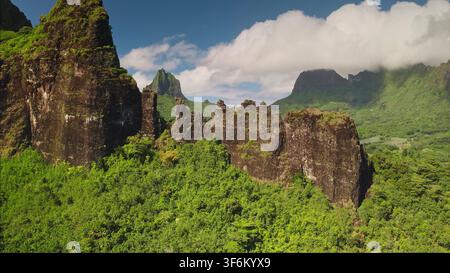 Des montagnes et pics volcaniques dramatiques s'élevant d'une forêt tropicale verte et dense, un paysage à couper le souffle sous un ciel bleu parsemé de nuages blancs à Moorea, en Polynésie française. Vue aérienne par drone Banque D'Images