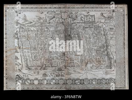 SEATTLE - 11 SEPT 2022 - Gravure cartographique historique présentant une carte ancienne de Jérusalem, Israël, montrant sa topographie, structure significative Banque D'Images