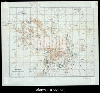 SEATTLE -11 SEP 2022 - Carte vintage de Jérusalem, Israël montrant l'aménagement urbain historique et la cartographie avec texte hébreu, navigation et géographie Banque D'Images