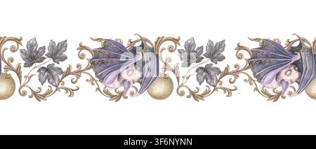 Ornement en filigrane doré avec une adorable chauve-souris endormie bordure sans couture. Art aquarellé dessiné à la main avec volute baroque dorée et feuille de lierre violette. Graphique antique pour design d’Halloween et ruban adhésif décoratif washi. Banque D'Images