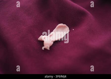 Ancien morceau de chewing-gum sur un tissu violet Banque D'Images
