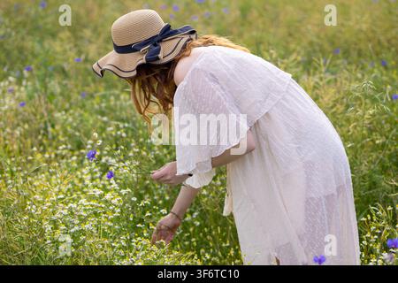 Femme enceinte élégante en robe d'été blanche et chapeau de paille se penchant dans un champ de fleurs sauvages en pleine floraison, style de vie romantique à la campagne Banque D'Images