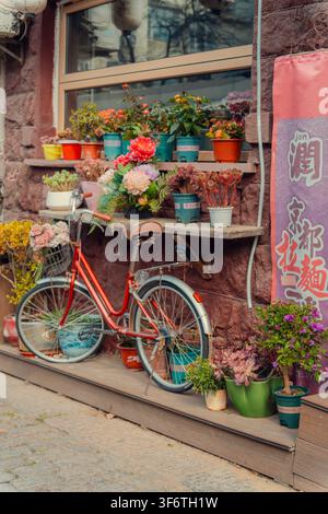 Panier à vélo rempli de fleurs garé à côté d'une vitrine, Longjiang Road, Qingdao, Chine Banque D'Images