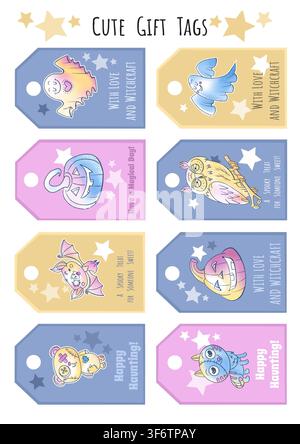 Set de étiquettes cadeaux mignonnes pour Halloween avec des personnages de dessins animés effrayants. Des étiquettes imprimables colorées présentent des fantômes drôles, des citrouilles, des chauves-souris et des hiboux avec un motif de fête doux Banque D'Images