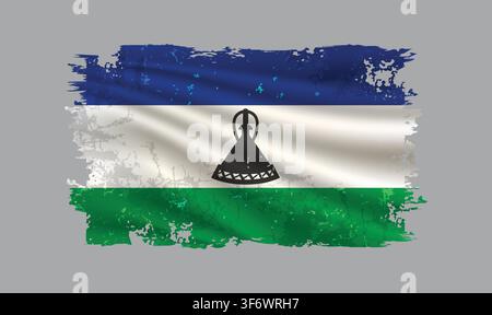 Le drapeau du Lesotho est représenté avec des coups de pinceau et présente des éléments de conception dans un style texturé. Illustration de Vecteur