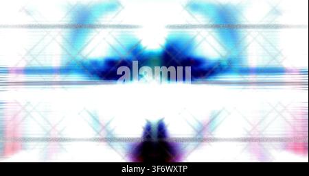 Arrière-plan de distorsion numérique high-tech abstrait présentant un noyau blanc lumineux avec des éclats bleus lumineux et des lignes de bruit de signal horizontales. Croquis de visage alien. Banque D'Images