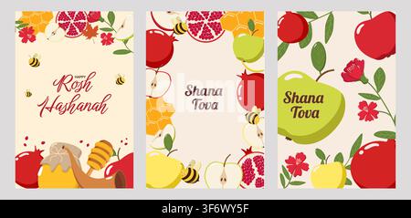 Trois cartes de vœux pour Rosh Hashanah avec des pommes, des grenades, des rayons de miel, des abeilles, des fleurs et des shofars, représentant Happy Rosh Hashanah Illustration de Vecteur