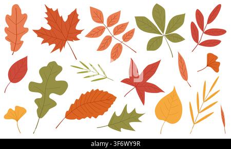 Collection de feuilles d'automne colorées avec des nuances vibrantes d'orange, de rouge, de jaune et de vert. Éléments de conception saisonniers parfaits pour l'automne Illustration de Vecteur