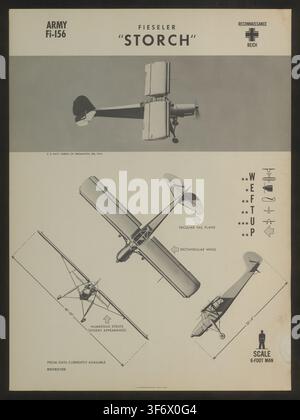Carte alliée détaillant l'avion de reconnaissance allemand Fieseler Fi 156 Storch, montrant différentes vues et caractéristiques d'identification pour le personnel militaire. par la Division de formation de l'aviation navale américaine février 1944 Banque D'Images