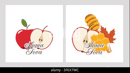 Deux cartes de vœux Rosh Hashanah avec des pommes, du miel, des rayons de miel et des feuilles d'automne sur un fond beige Banque D'Images