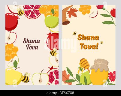 Deux cartes de vœux de Rosh Hashanah avec des pommes, des grenades, un pot de miel, des abeilles, une plaque de miel, des fleurs Banque D'Images