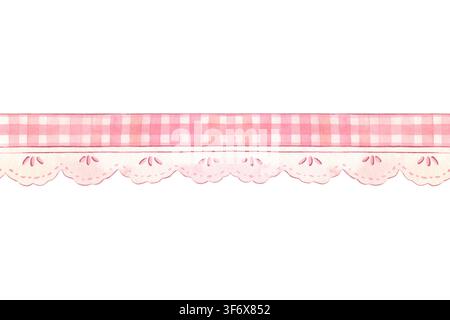 Bordure sans couture avec ruban à carreaux rose et dentelle délicate. Illustration aquarellée peinte à la main isolée sur blanc pour papeterie, emballage, mariage Banque D'Images