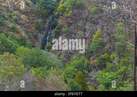 Une petite cascade cachée dévale une pente montagneuse rocheuse et boisée du centre du Portugal. Banque D'Images