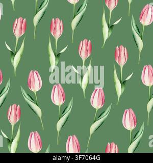 Motif sans couture de fleurs de tulipe rose printemps. Aquarelle pâques illustration dessinée à la main isolé sur fond, png transparent. Botanique et mariage Banque D'Images