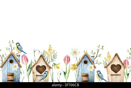 Maisonnette à oiseaux mignonne en bois avec fleurs de jonquilles et muscari. Bordure sans couture aquarellée, bannière, cadre printemps, illustration dessinée à la main pour Pâques isolée sur Banque D'Images
