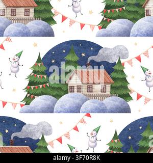 Un motif sans couture hivernal mettant en scène une maison de village accueillante, des arbres enneigés et une atmosphère festive. Banque D'Images