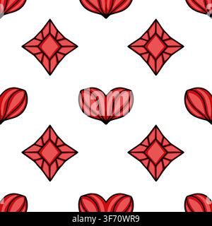 Motif vectoriel sans couture avec des symboles de cartes à jouer en forme de cœur rouge et de losange dans un style cartoon Illustration de Vecteur