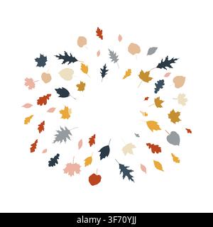 Cadre circulaire de feuilles d'automne colorées tombantes avec espace de copie sur fond blanc. Bordure botanique esthétique moderne pour designs saisonniers et Illustration de Vecteur