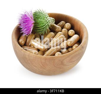 Fleur de chardon-marie et pilules isolées sur blanc Banque D'Images