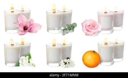 Bougies aromatiques isolées sur blanc. Collection de parfums variés Banque D'Images