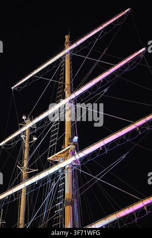 Mât de voilier et gréement complexe montrant des cordages, des mâts et des échelles s'élevant dans le ciel nocturne sombre, illuminé de lumières colorées Banque D'Images