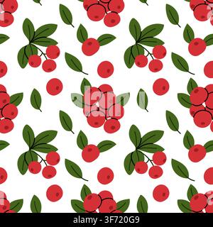 Motif sans couture mettant en scène des canneberges rouges, des mûres et des feuilles vertes sur fond blanc dans un style de doodle dessiné à la main plat. Illustration de Vecteur