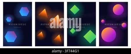 Ensemble de quatre affiches abstraites futuristes avec des formes géométriques et des dégradés lumineux sur un fond sombre Illustration de Vecteur