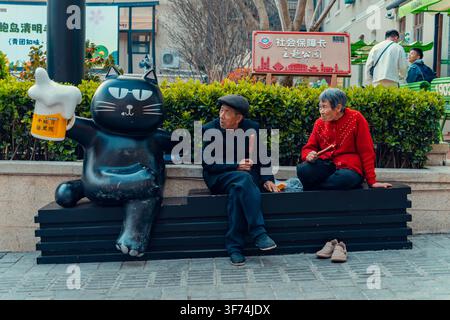 Couple âgé mangeant des collations à côté d'une statue de chat dans le vieux parc de la ville, Qingdao, Chine Banque D'Images