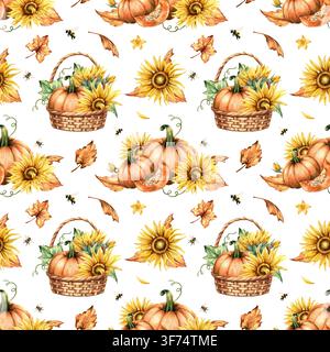 Motif sans couture citrouille et tournesols. Illustration automnale aquarellée dessinée à la main de compositions orange tombantes isolées sur fond blanc. Osier Banque D'Images