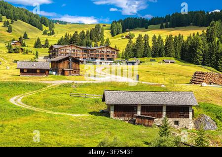 Vue du paysage verdoyant de la vallée de Saltria à Seiser Alm, Alpe di Siusi. Région du Sud-Tyrol en Italie Banque D'Images