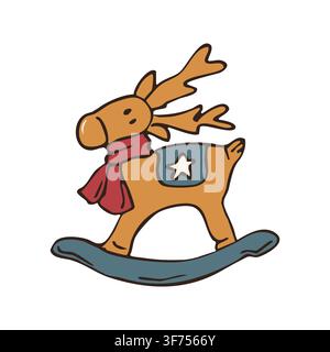 Illustration de gribouillage vectoriel d'un jouet en bois de cerf à bascule vintage de Noël dessiné à la main Illustration de Vecteur