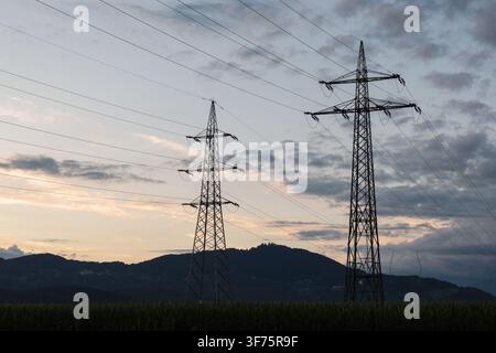 Les lignes électriques et les poteaux sont visibles au coucher du soleil dans une zone rurale avec des collines lointaines en arrière-plan. Le ciel est légèrement nuageux. Banque D'Images