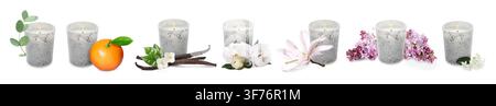 Bougies aux parfums variés sur fond blanc, set Banque D'Images