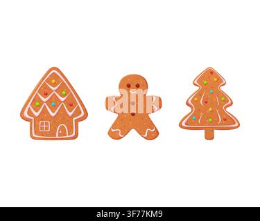 Ensemble de biscuits sablés de Noël. Biscuit des Fêtes en forme d'homme en gingembre, de maison, d'arbre de Noël. Dessert mignon et sucré décoré de glaçage Illustration de Vecteur