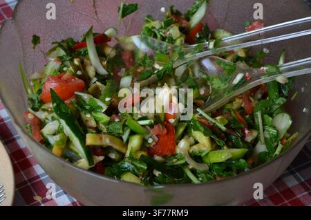 Salade de légumes mélangés fraîche avec tomates, concombre, oignon et herbes servie dans un bol... Banque D'Images