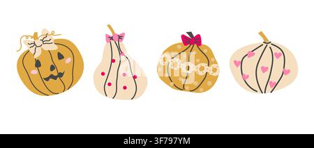 Joli set de citrouilles coquette avec des éléments girly. Citrouilles à pois et en forme de cœur avec nœuds et Jack O'Lantern avec nœud. Illustration plate de style cartoon isolée. Illustration de Vecteur
