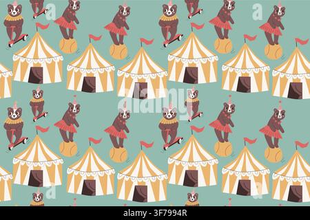Motif sans couture avec ours de cirque et tente. Illustration vectorielle rétro en style cartoon avec un mignon bébé animal. Illustration de Vecteur