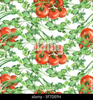 Motif sans joint d'oignon vert, tomates cerises et persil. Illustration aquarellée. Œuvre d'art faite à la main. Pour la conception d'emballages, cartes, couverture Banque D'Images