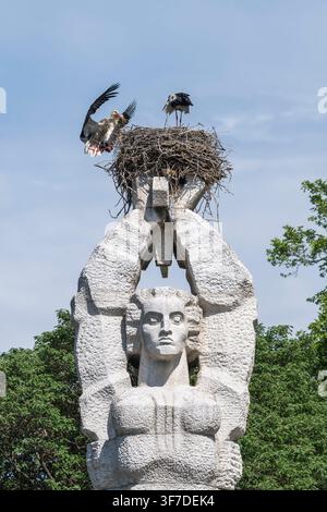 Paire de cigognes blanches sur un nid au sommet du monument antifasciste à Tsalapitsa, Ciconia ciconia, Bulgarie Banque D'Images