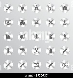 Une grille de vingt-cinq boutons métalliques circulaires, chacun affichant une icône grise unique représentant divers outils de design artistique et logiciels créatifs Illustration de Vecteur